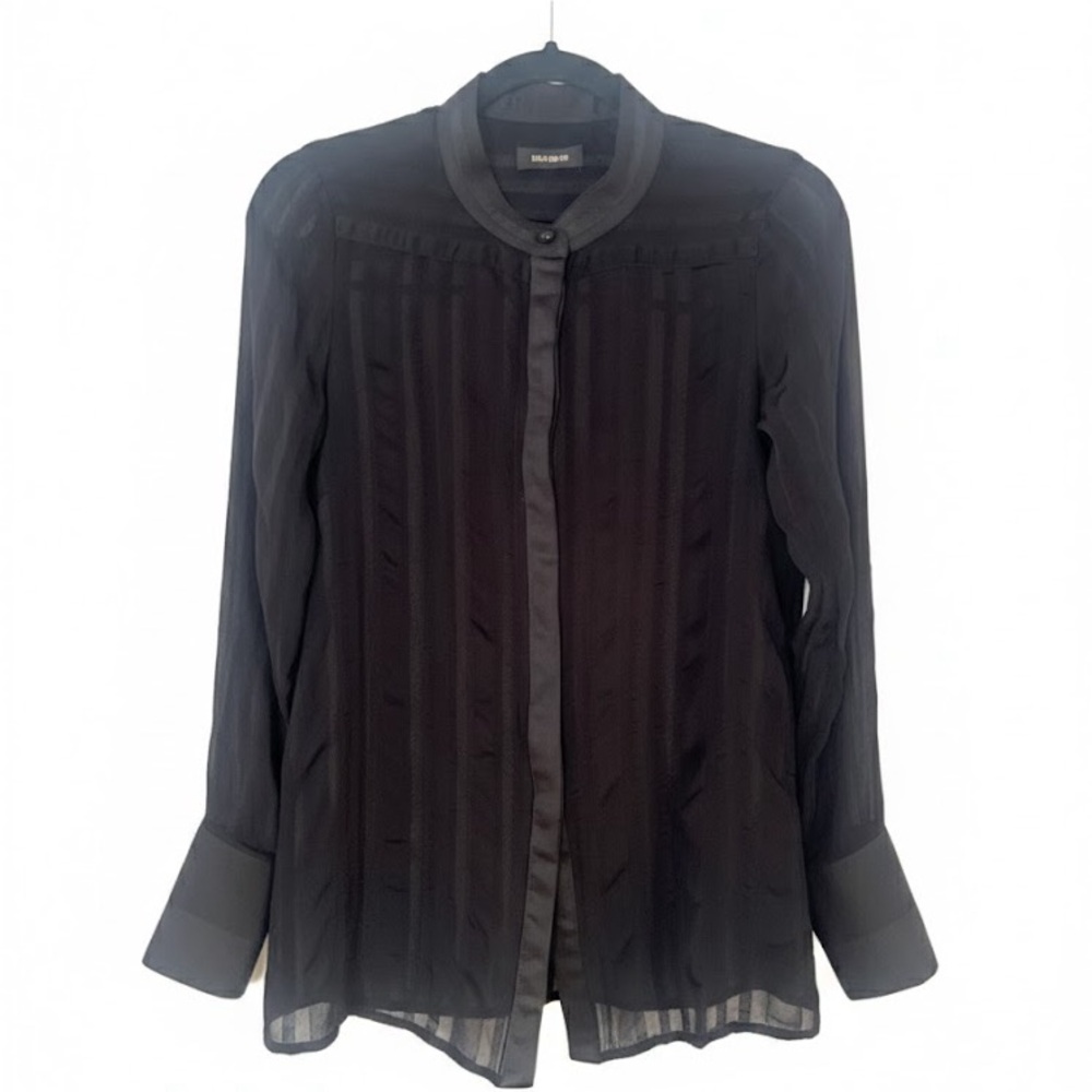 Mos Mosh Mandarin Collar Sheer Striped Black Blouse Shirt Top Small